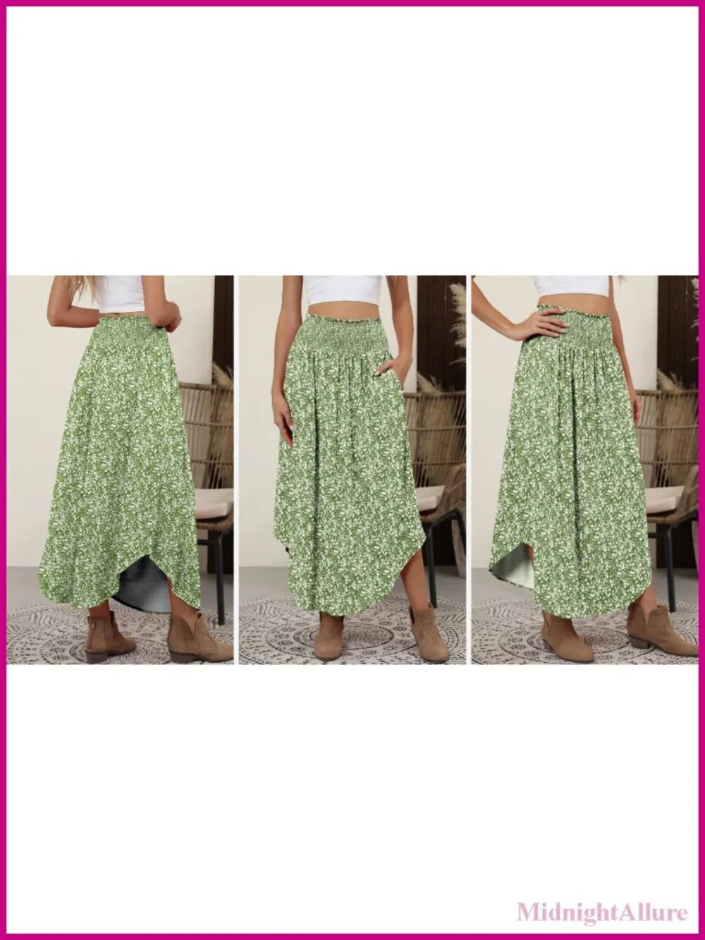 Maxi Skirt Flowy Pleated High Waisted with Pockets Boho